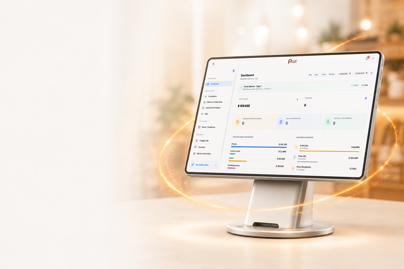 Backoffice de Piatti — dashboard con caja, ventas y métricas en tiempo real